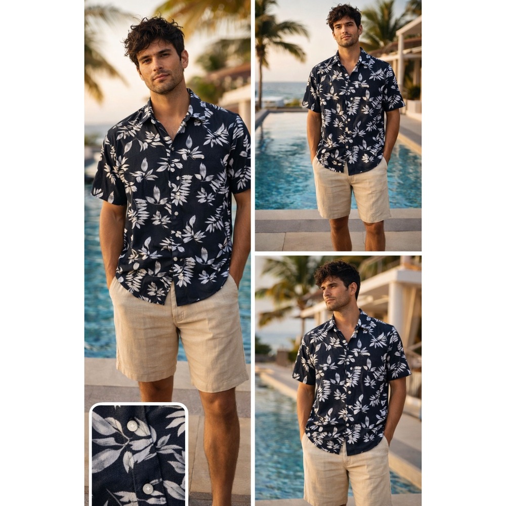 Greg Norman Leaf Print Button Up Shirt Black/tan/White Men's XL Resort vacation